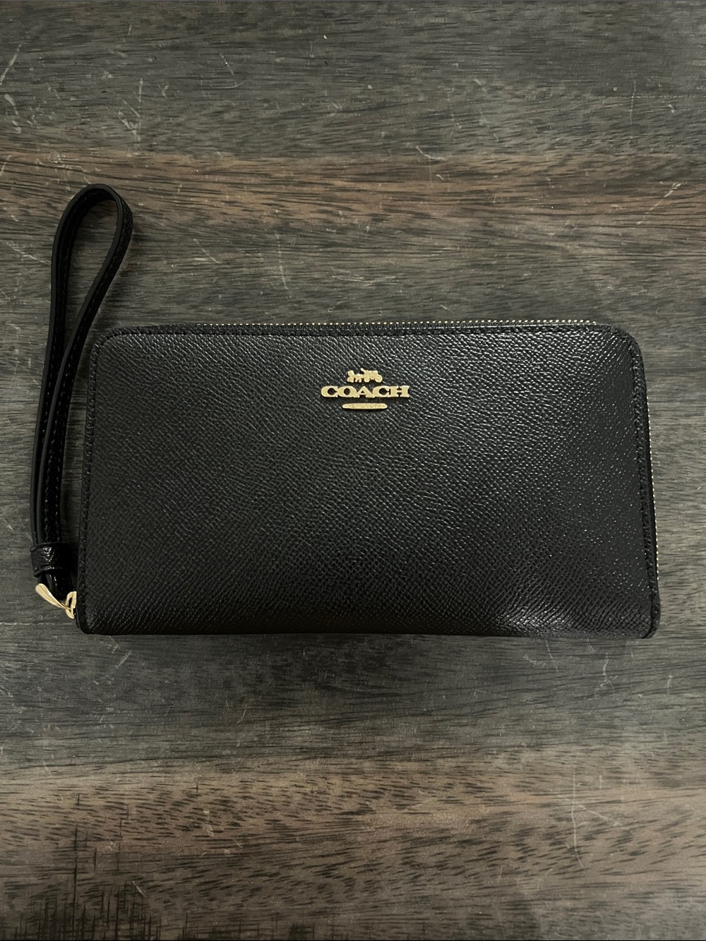 Coach Black Leather Zip Wristlet with Gold Logo
